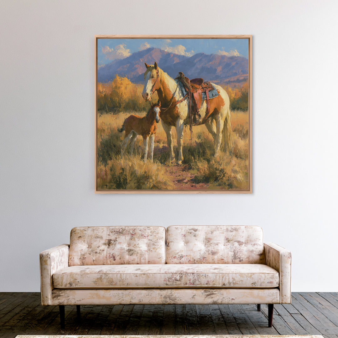 Horse and Foal Framed Canvas Print, Equestrian Art, Wall Decor, Living Room Decor, Oil Painting, Equestrian, Unique Wall Art, EQU-1x1-12