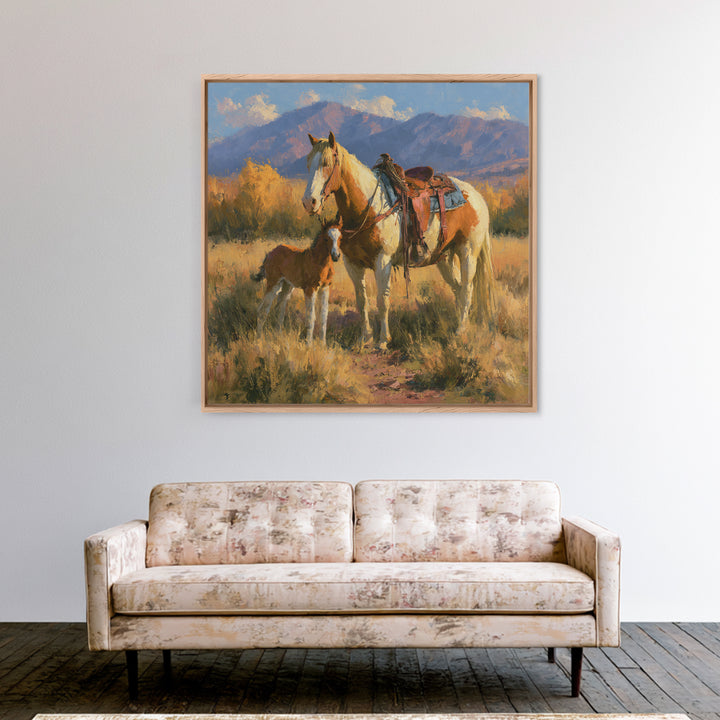 Horse and Foal Framed Canvas Print, Equestrian Art, Wall Decor, Living Room Decor, Oil Painting, Equestrian, Unique Wall Art, EQU-1x1-12