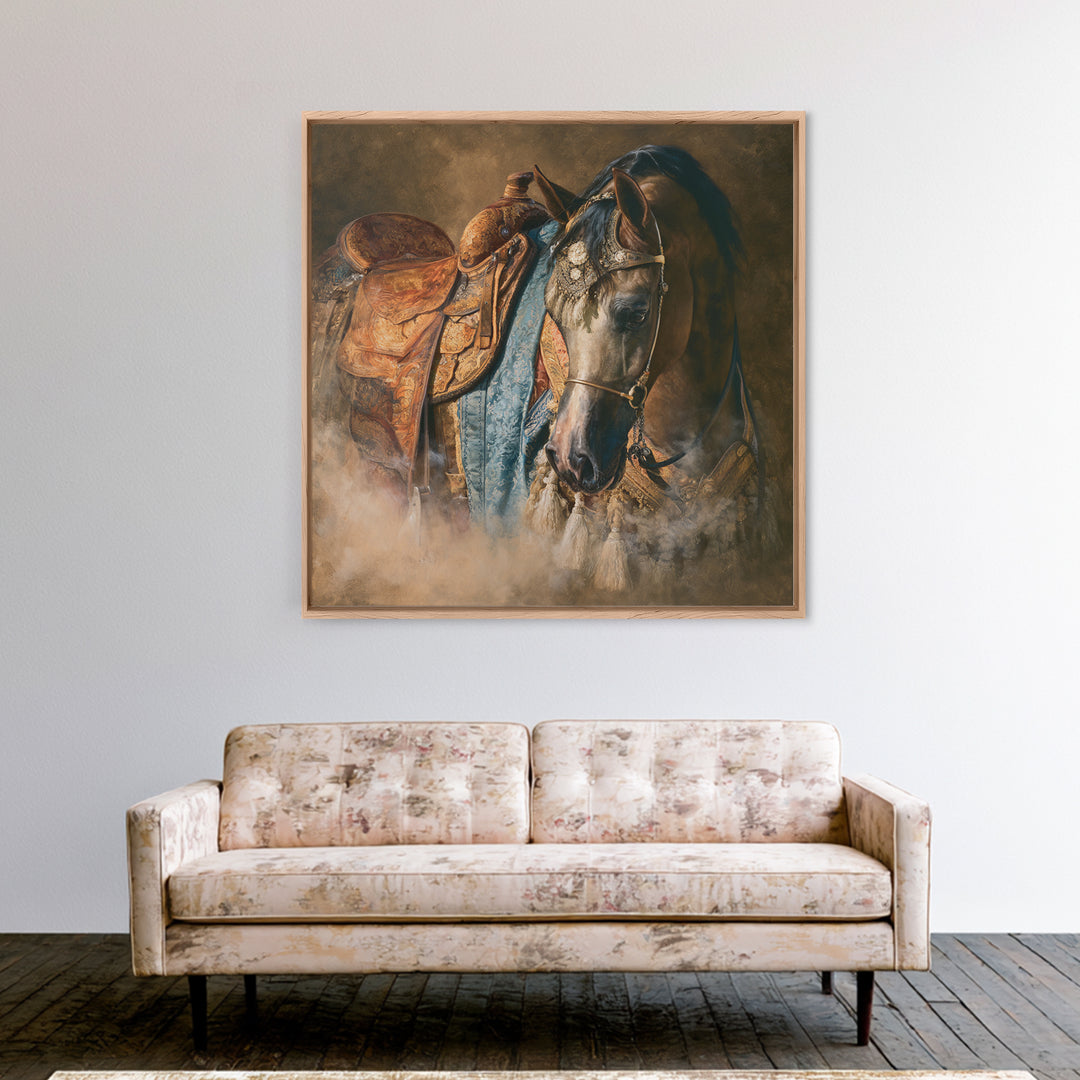 Arabian Horse with Ornate Tack and Silk Canvas Print, Equestrian Art, Living Room Decor, Oil Painting, Equestrian, EQU-1x1-15