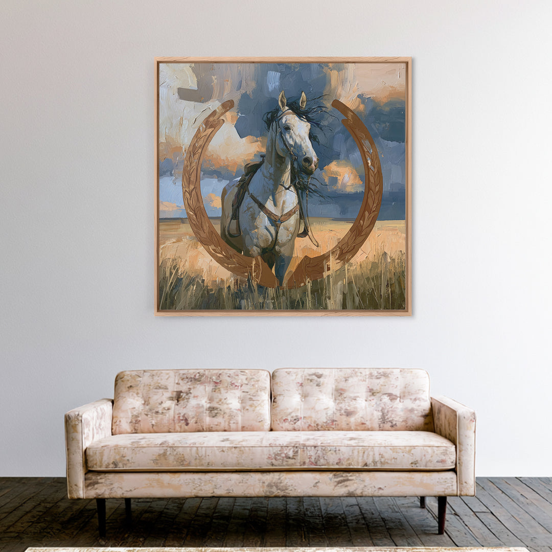 Equestrian Crest with Laurel and Horseshoe Canvas Print, Equestrian Art, Western Decor, Living Room Decor, Oil Painting, EQU-1x1-22