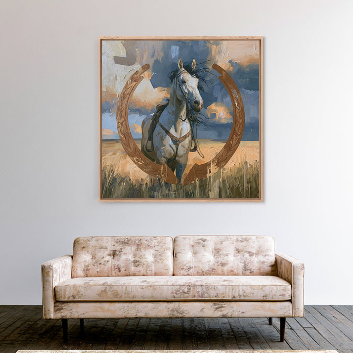 Equestrian Crest with Laurel and Horseshoe Canvas Print, Equestrian Art, Western Decor, Living Room Decor, Oil Painting, EQU-1x1-22