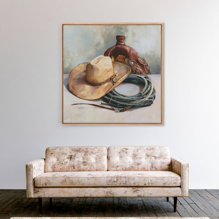 Cowgirl Hat and Reins Still Life Canvas Print, Equestrian Art, Western Decor, Living Room Decor, Fine Art, Equestrian, EQU-1x1-35