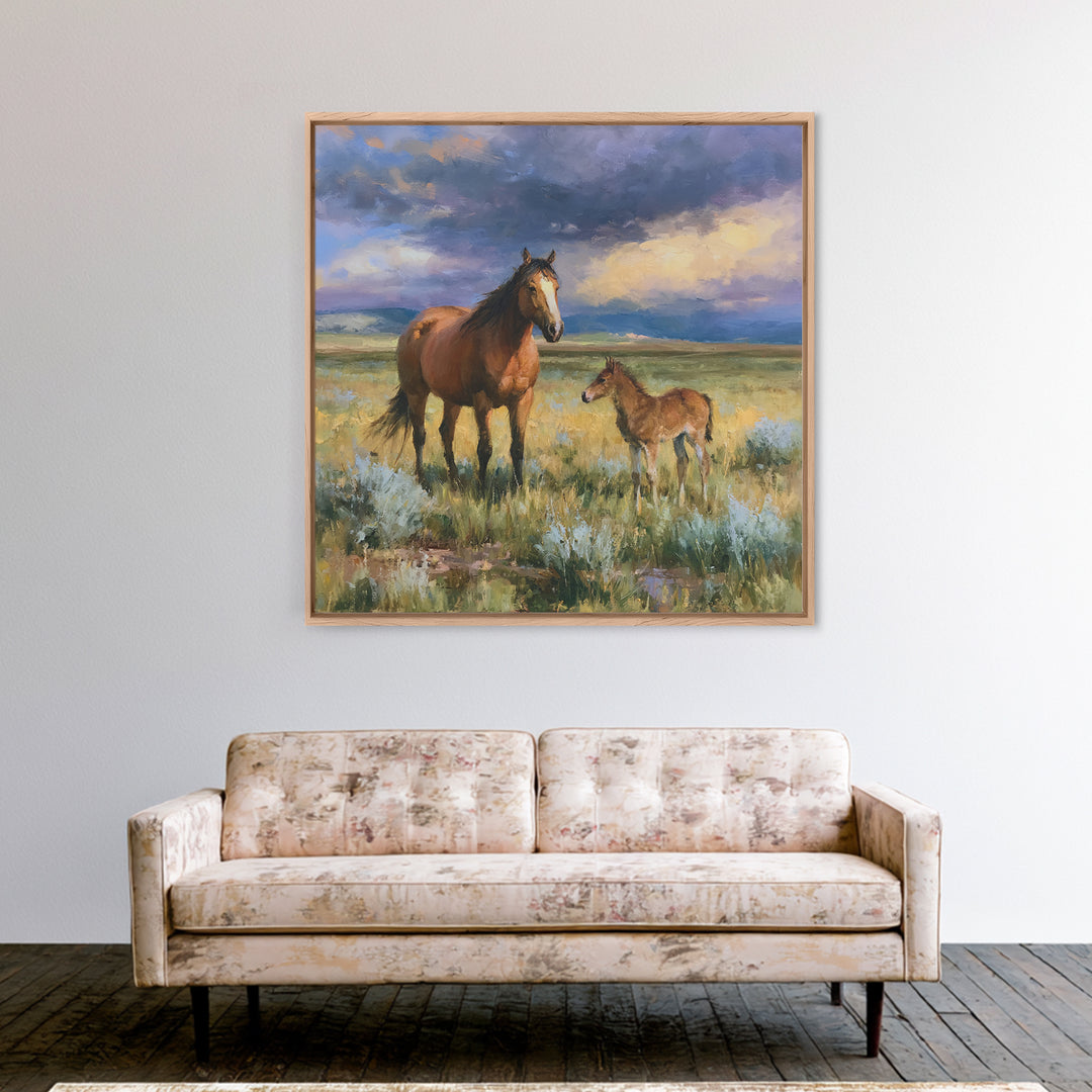 Horse and Foal Canvas Print, Equestrian Art, Digital Print, Living Room Decor, Equestrian, Moody Wall Art, Green Wall Art, EQU-1x1-36