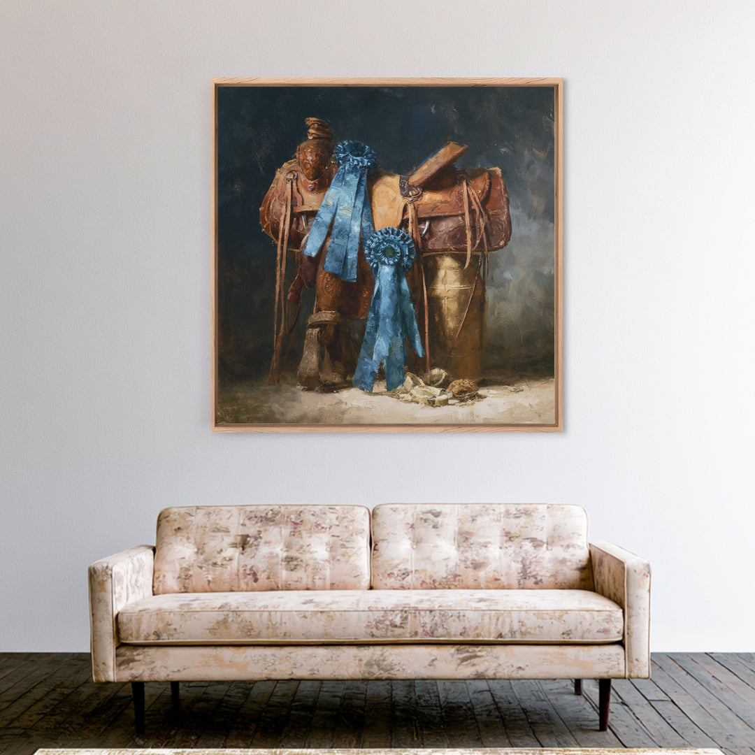 Blue Ribbon and Saddle Competition Still Life Canvas Print, Equestrian Art, Gallery Decor, Living Room Decor, Equestrian, EQU-1x1-41