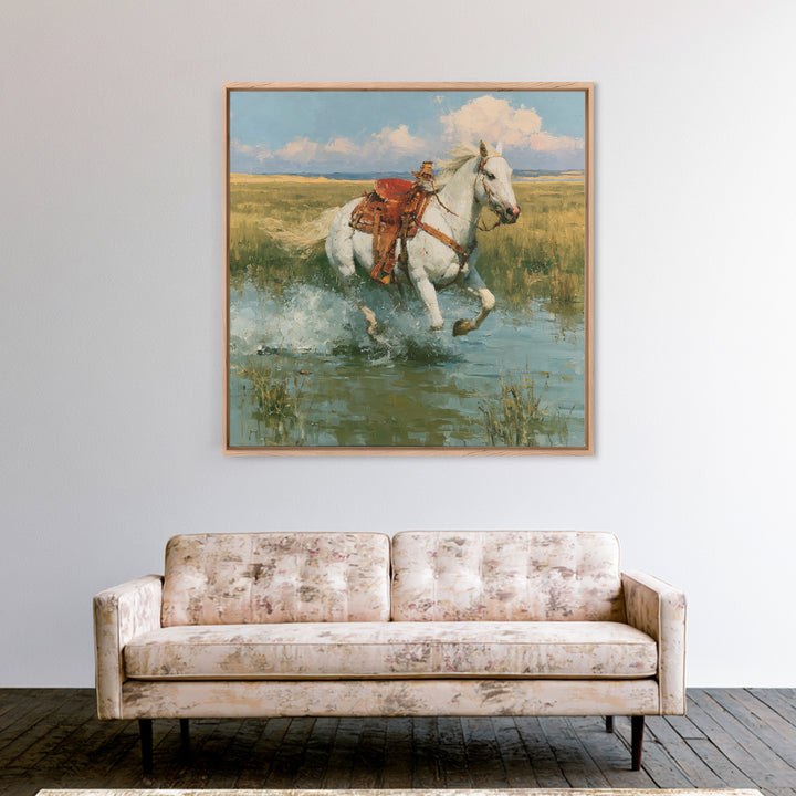 White Horse Running Through Shallow Water Canvas Print, Equestrian Art, Retro Poster, Living Room Decor, Fine Art, Equestrian, EQU-1x1-5