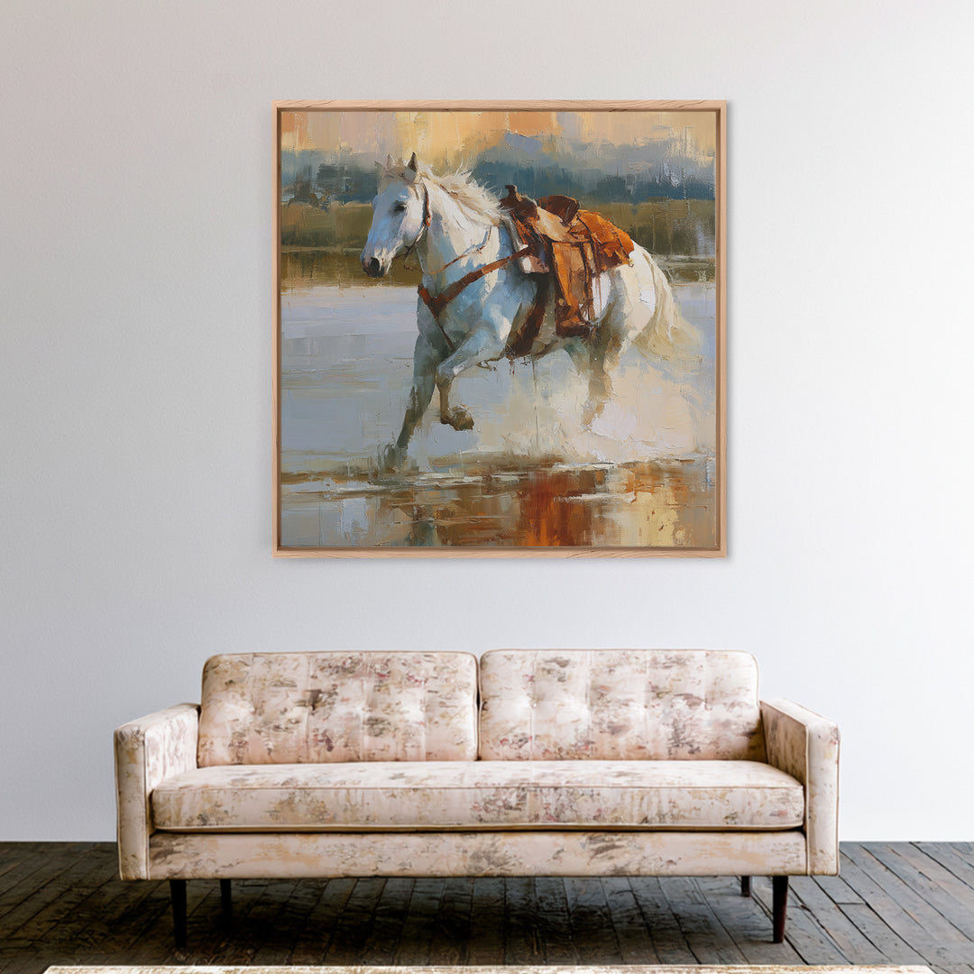 White Horse Running Through Shallow Water Framed Canvas Print, Equestrian Art, Fine Art Print, Living Room Decor, Equestrian, EQU-1x1-53
