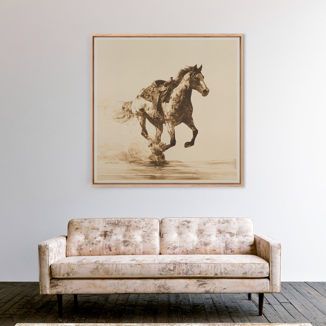 Minimal Horse Contour Drawing on Cream Paper Canvas Print, Equestrian Art, Antique Oil Painting, Living Room Decor, Equestrian, EQU-1x1-61