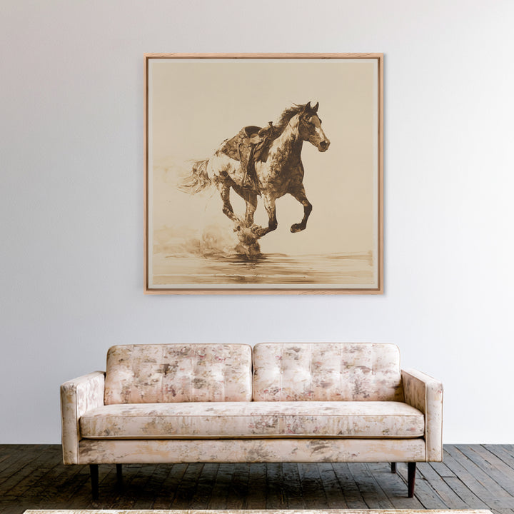 Minimal Horse Contour Drawing on Cream Paper Canvas Print, Equestrian Art, Antique Oil Painting, Living Room Decor, Equestrian, EQU-1x1-61