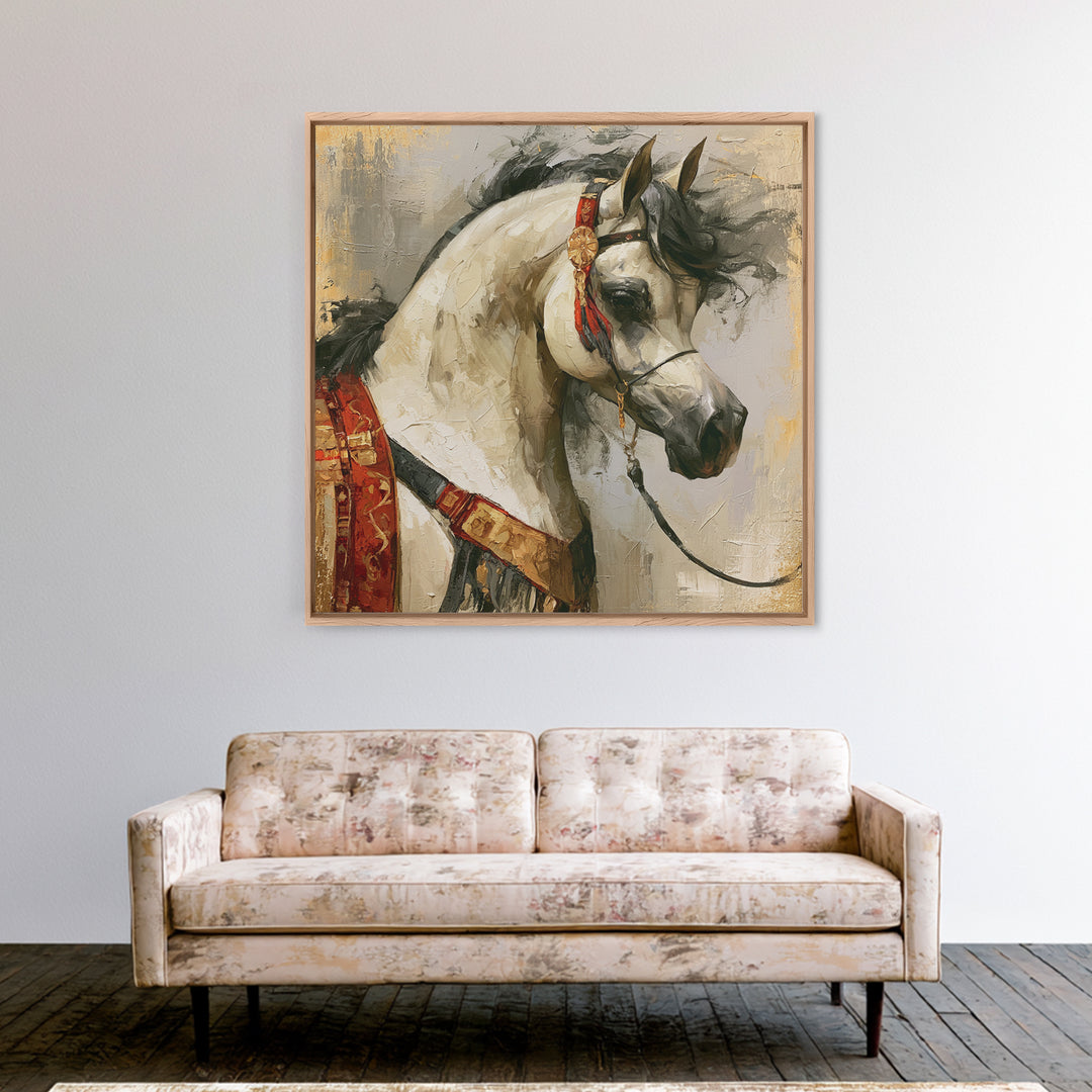 Arabian Horse with Ornate Tack and Silk Canvas Print, Equestrian Art, Antique Oil Painting, Living Room Decor, Equestrian, EQU-1x1-63