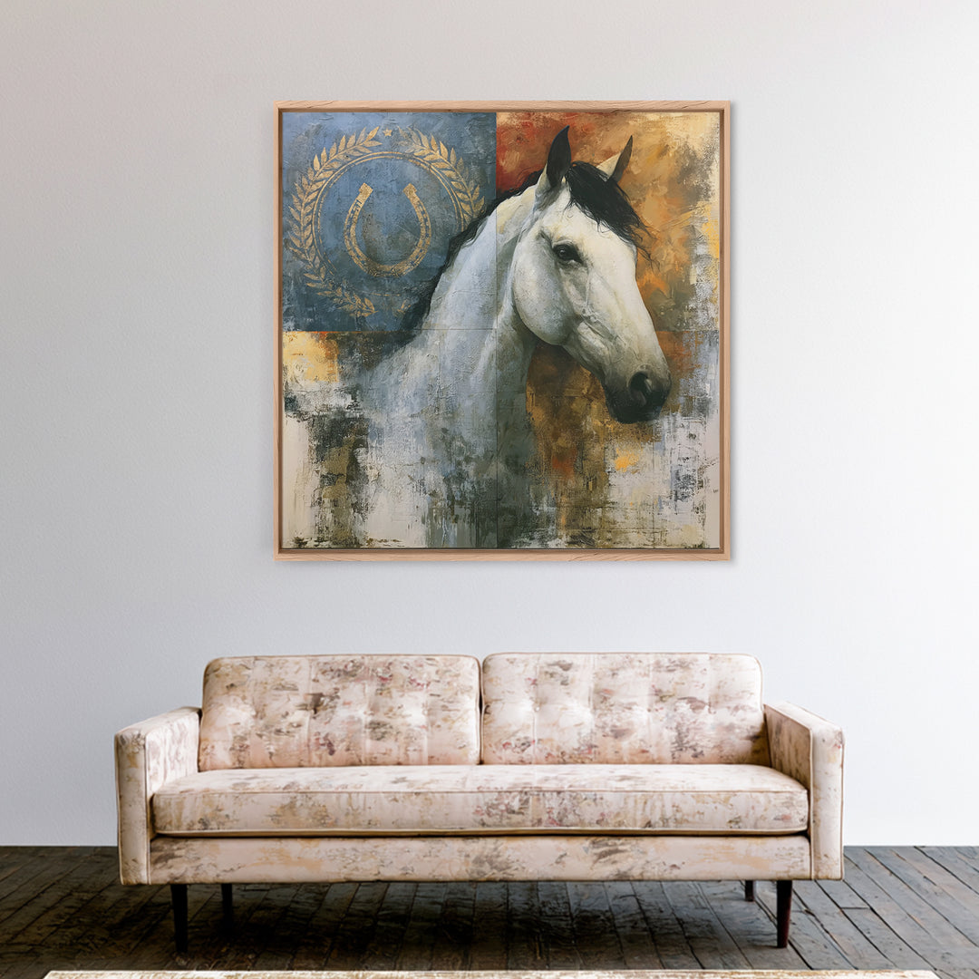 Equestrian Crest with Laurel and Horseshoe Canvas Print, Equestrian Art, Western Wall Art, Living Room Decor, Equestrian, EQU-1x1-70