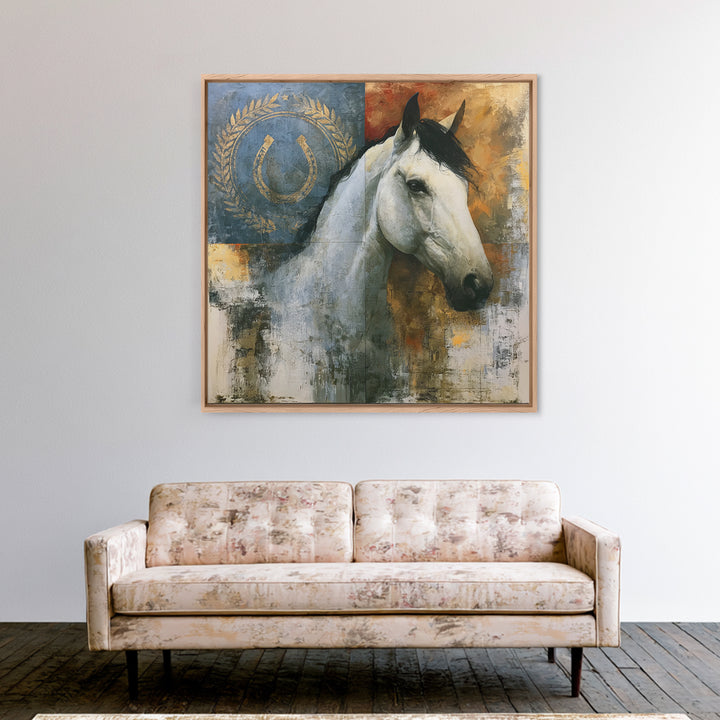 Equestrian Crest with Laurel and Horseshoe Canvas Print, Equestrian Art, Western Wall Art, Living Room Decor, Equestrian, EQU-1x1-70