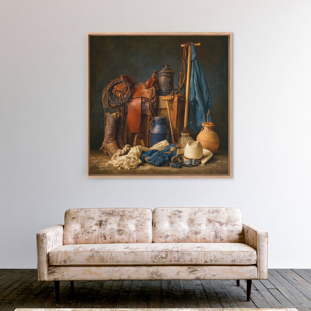 Stable Tools Arranged Like Old Master Still Framed Canvas Print, Equestrian Art, Gallery Wall, Living Room Decor, Equestrian, EQU-1x1-71