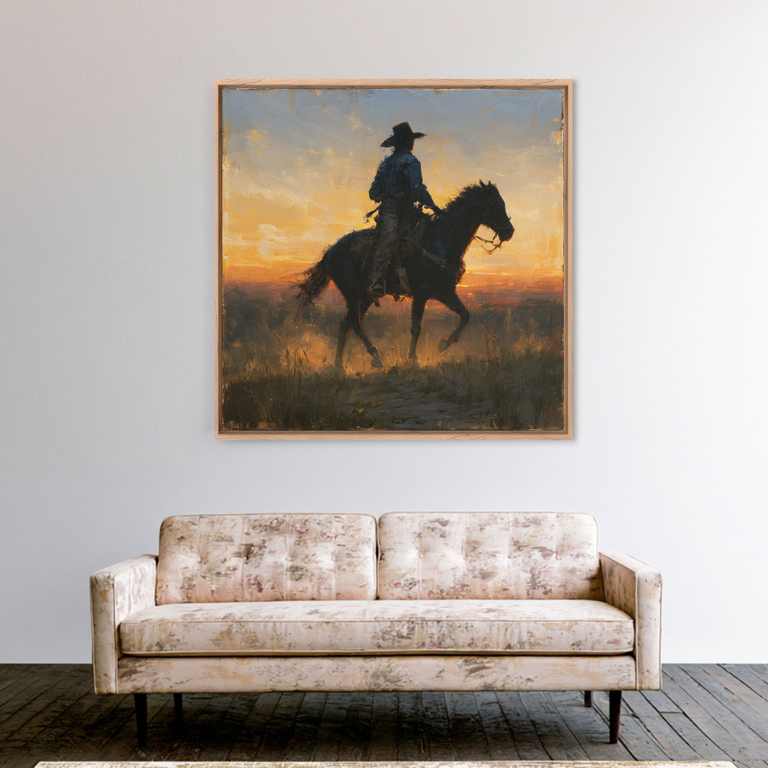 Equestrian Rider Silhouette at Sunrise Canvas Print, Equestrian Art, Modern Decor, Living Room Decor, Fine Art, Equestrian, EQU-1x1-75