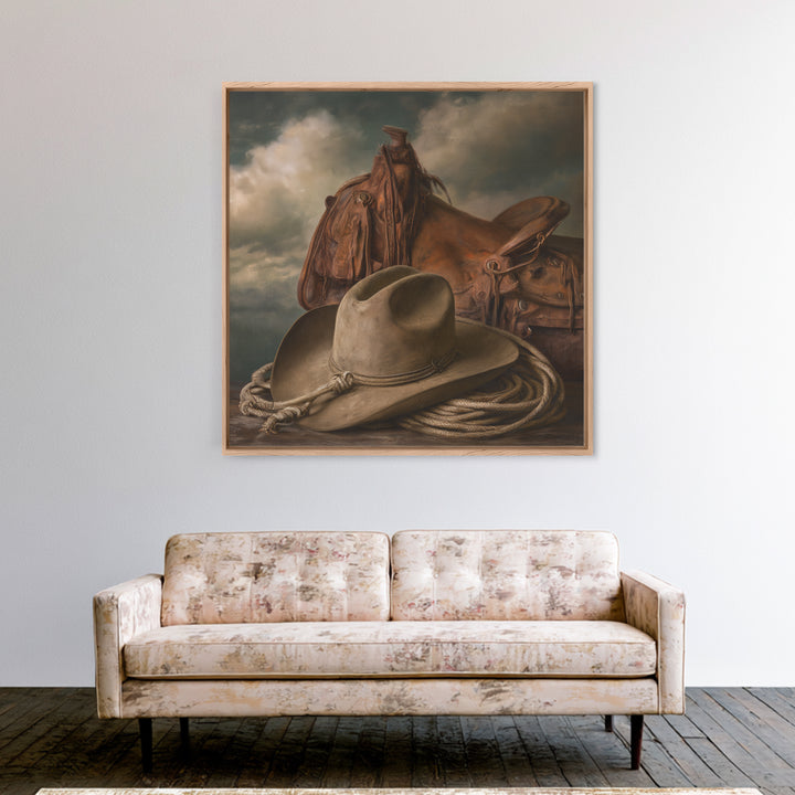 Cowgirl Hat and Reins Still Life Framed Canvas Print, Equestrian Art, Statement Artwork, Living Room Decor, Equestrian, EQU-1x1-83
