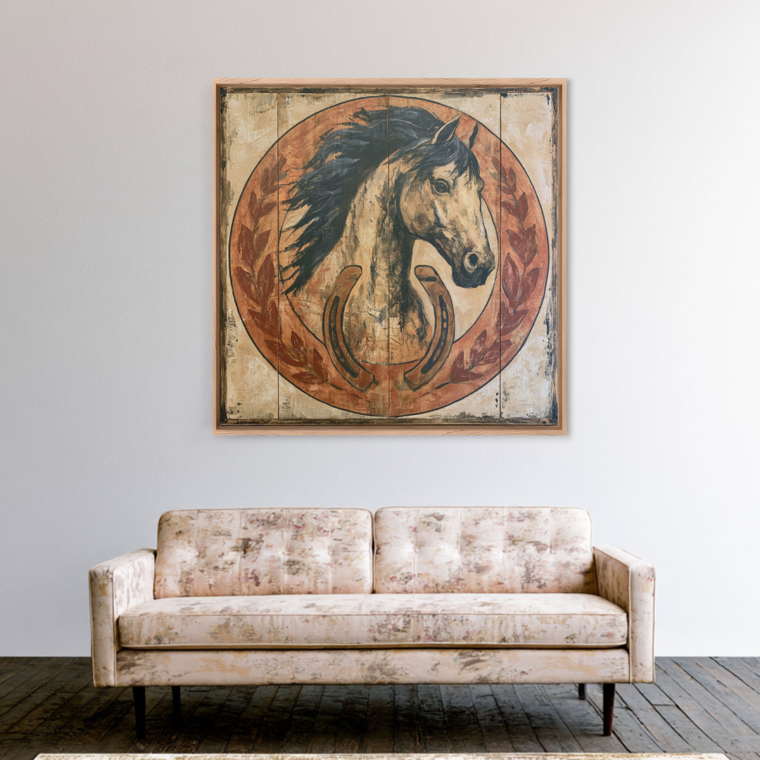 Equestrian Crest with Laurel and Horseshoe Canvas Print, Equestrian Art, Western Art, Living Room Decor, Fine Art, Equestrian, EQU-1x1-94