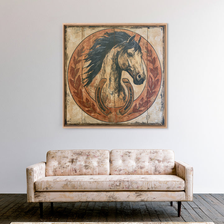 Equestrian Crest with Laurel and Horseshoe Canvas Print, Equestrian Art, Western Art, Living Room Decor, Fine Art, Equestrian, EQU-1x1-94