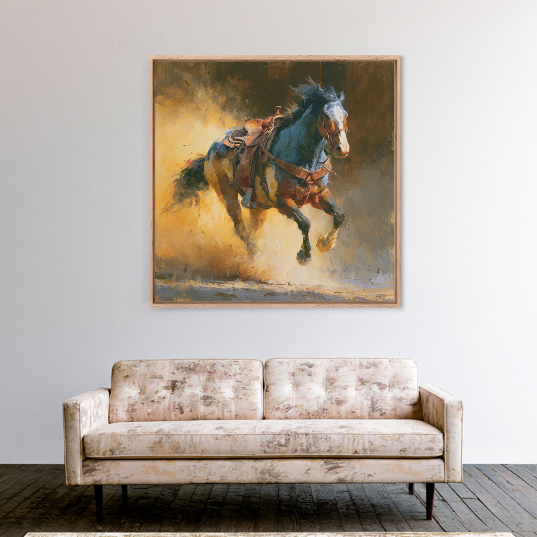 Galloping Horse in Golden Dust and Sunlight Canvas Print, Equestrian Art, Wall Art, Living Room Decor, Oil Painting, Equestrian, EQU-1x1-97