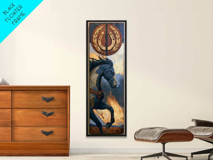 Equestrian Crest with Laurel and Horseshoe Canvas Print, Equestrian Art, Abstract Painting, Living Room Decor, Equestrian, EQU-1x3-10