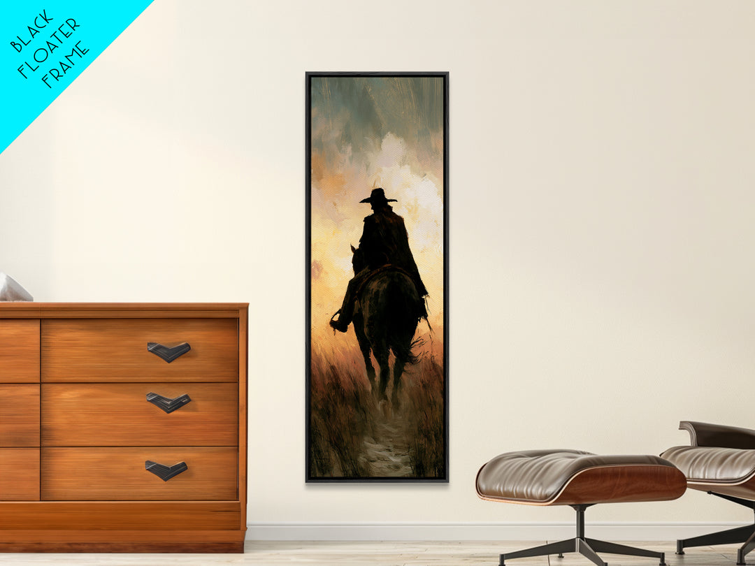 Equestrian Rider Silhouette at Sunrise Framed Canvas Print, Equestrian Art, Living Room Decor, Abstract Art, Equestrian, EQU-1x3-15