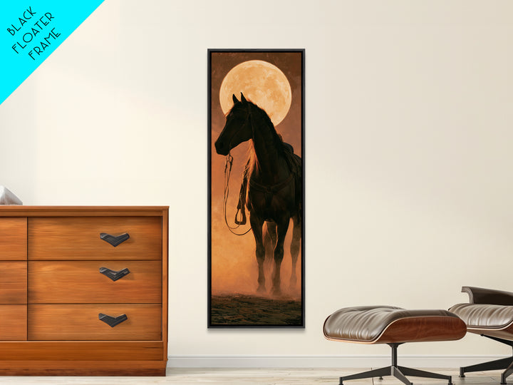 Horse Silhouette under a Huge Western Moon Framed Canvas Print, Equestrian Art, Home Decor, Living Room Decor, Equestrian, EQU-1x3-52