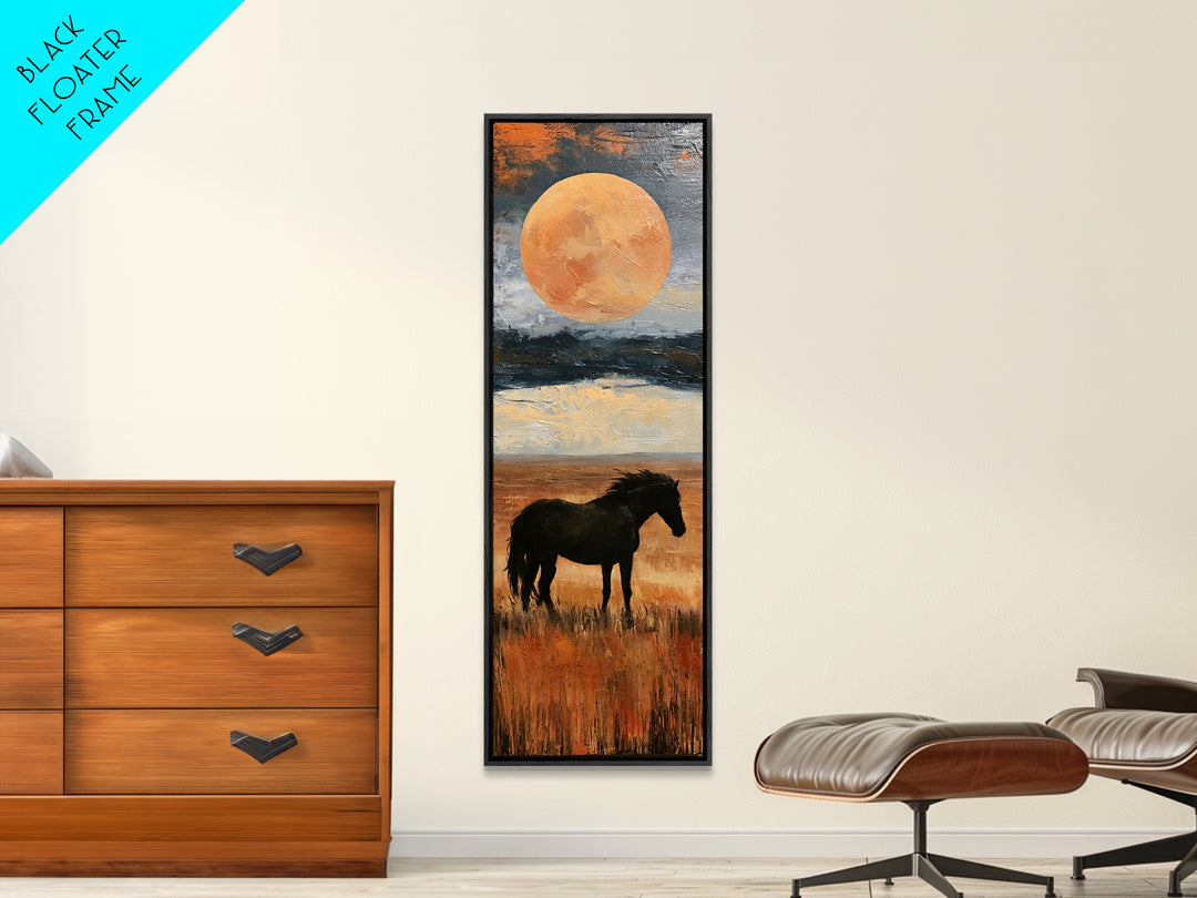 Horse Silhouette under a Huge Western Moon Framed Canvas Print, Equestrian Art, Living Room Decor, Oil Painting, Equestrian, EQU-1x3-76