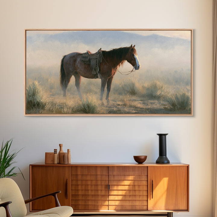 Horse in Misty Pasture with Peaceful Mood Canvas Print, Equestrian Art, Statement Artwork, Living Room Decor, Equestrian, EQU-2x1-20