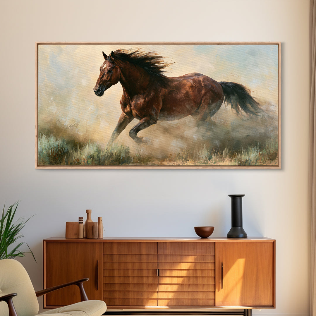 Galloping Horse in Golden Dust and Sunlight Canvas Print, Equestrian Art, Wall Art, Living Room Decor, Oil Painting, Equestrian, EQU-2x1-21