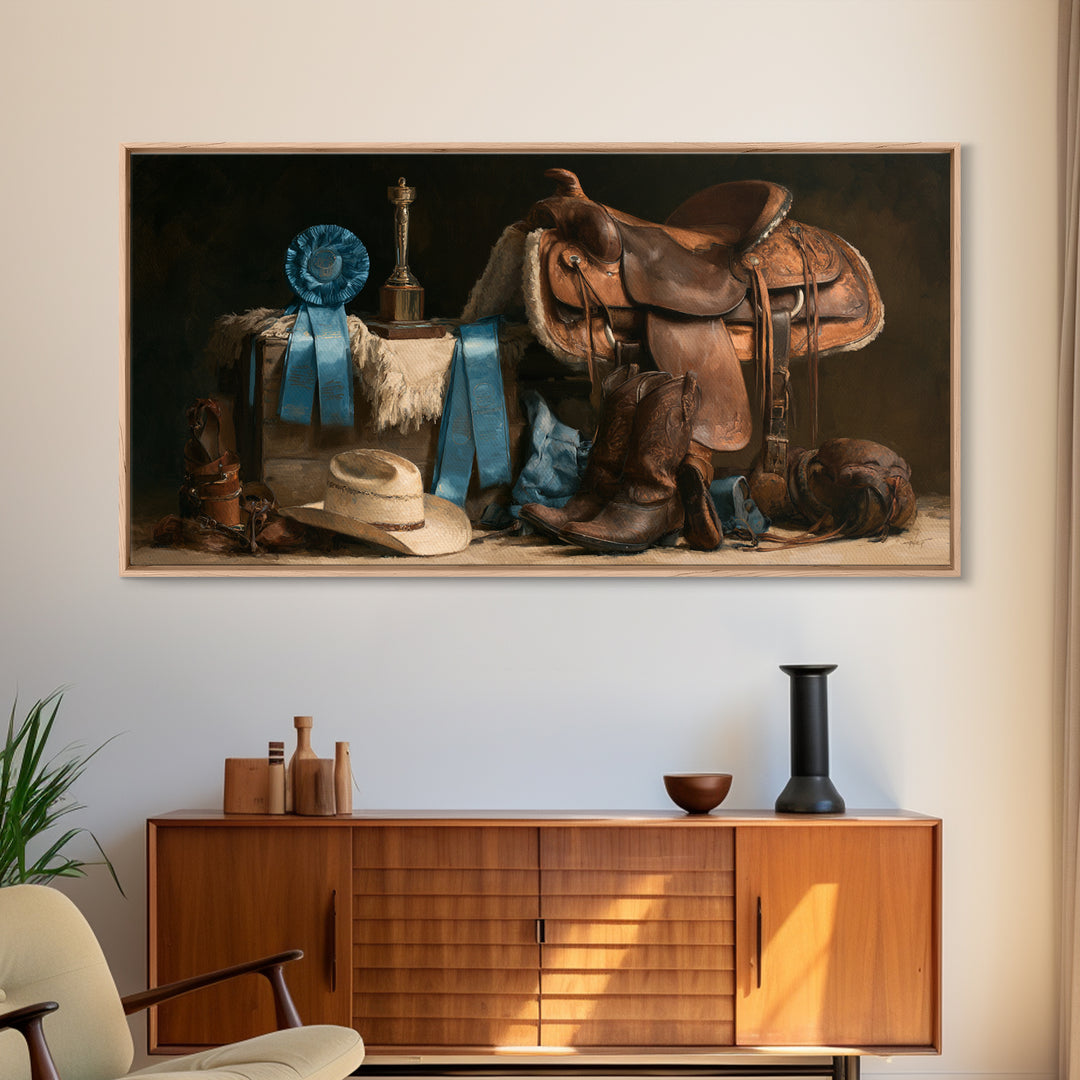 Blue Ribbon and Saddle Competition Still Life Canvas Print, Equestrian Art, Minimalist Decor, Living Room Decor, Equestrian, EQU-2x1-37