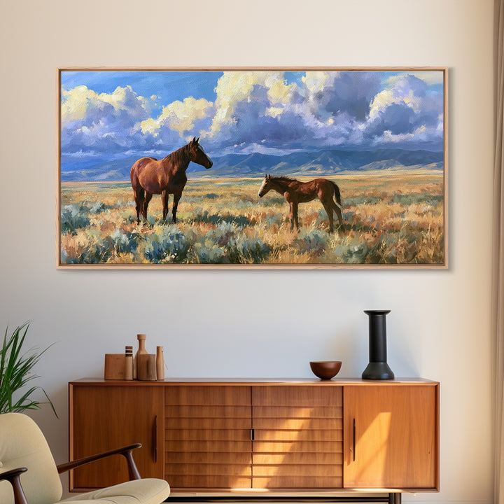Horse and Foal Framed Canvas Print, Equestrian Art, Modern Wall Art, Living Room Decor, Oil Painting, Equestrian, Western Art, EQU-2x1-80