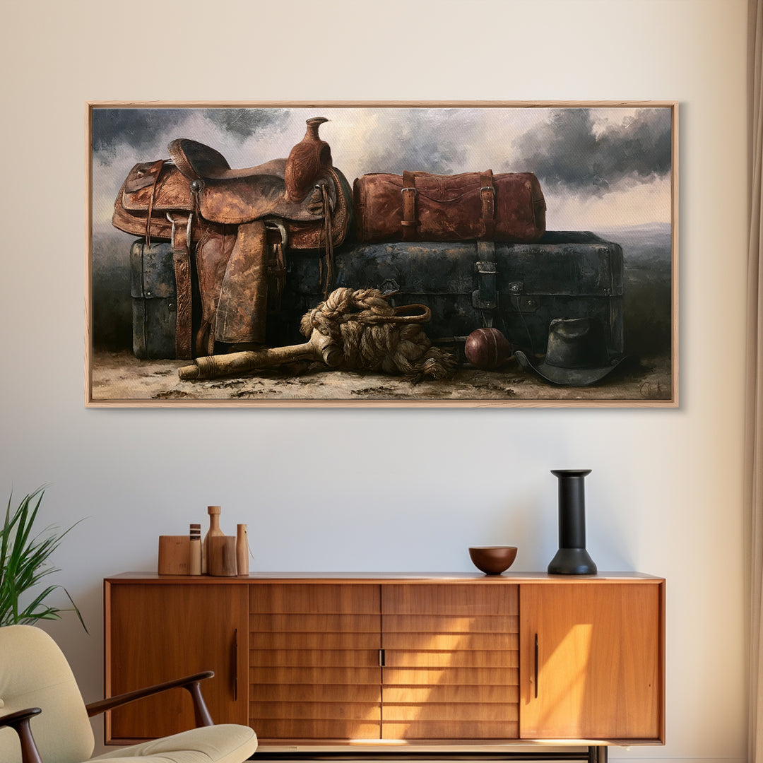 Stable Tools Arranged Like Old Master Still Framed Canvas Print, Equestrian Art, Large Wall Art, Living Room Decor, Equestrian, EQU-2x1-91