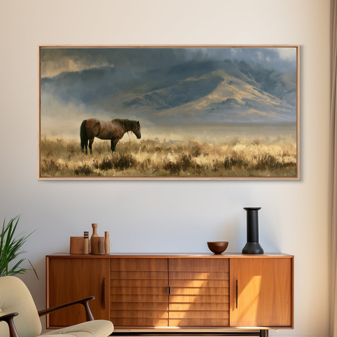 Horse in Misty Pasture with Peaceful Mood Canvas Print, Equestrian Art, Boho Wall Art, Living Room Decor, Equestrian, EQU-2x1-92