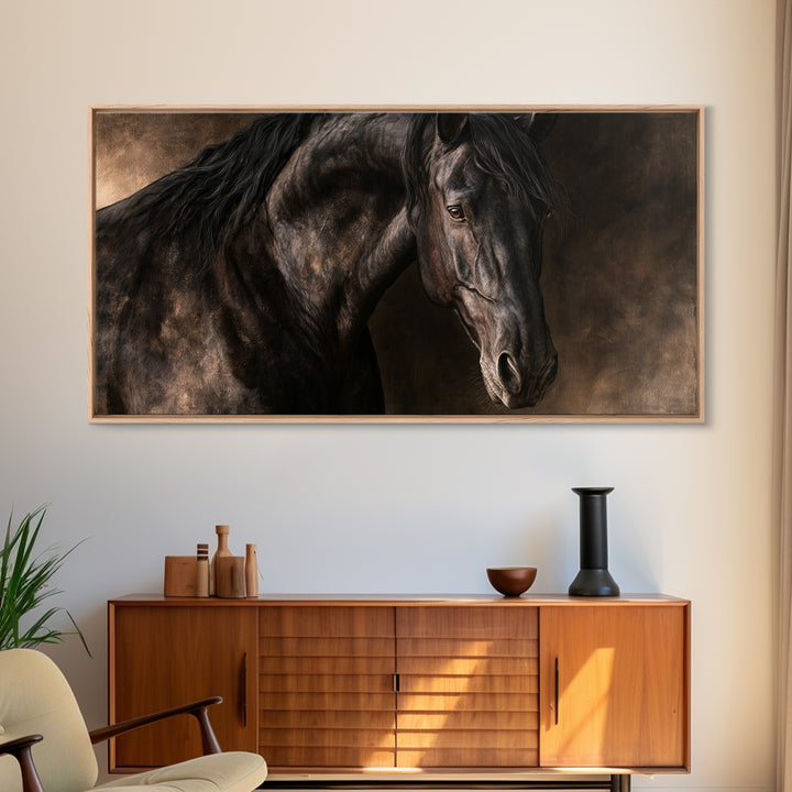Black Horse Portrait on Deep Charcoal Background Canvas Print, Equestrian Art, Wall Decor, Living Room Decor, Equestrian, EQU-2x1-94