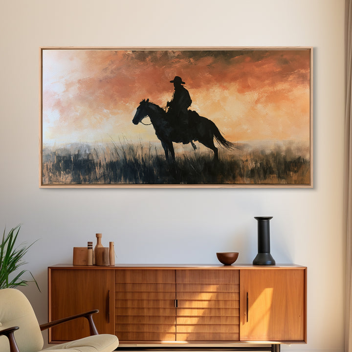 Equestrian Rider Silhouette at Sunrise Framed Canvas Print, Equestrian Art, Western Art, Living Room Decor, Equestrian, EQU-2x1-95
