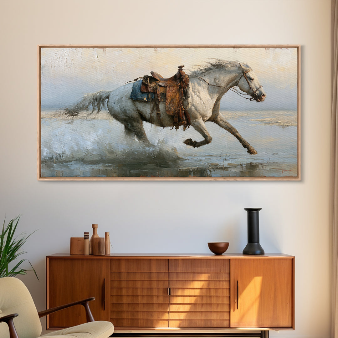 White Horse Running Through Shallow Water Framed Canvas Print, Equestrian Art, Living Room Decor, Fine Art, Equestrian, EQU-2x1-97