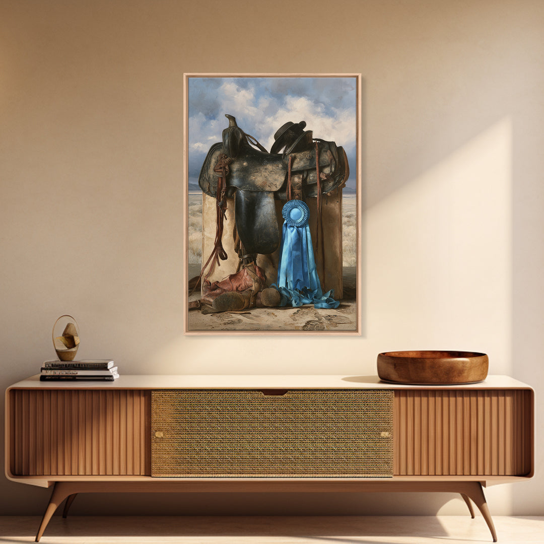 Blue Ribbon and Saddle Competition Still Life Framed Canvas Print, Equestrian Art, Wall Art, Living Room Decor, Equestrian, EQU-2x3-1