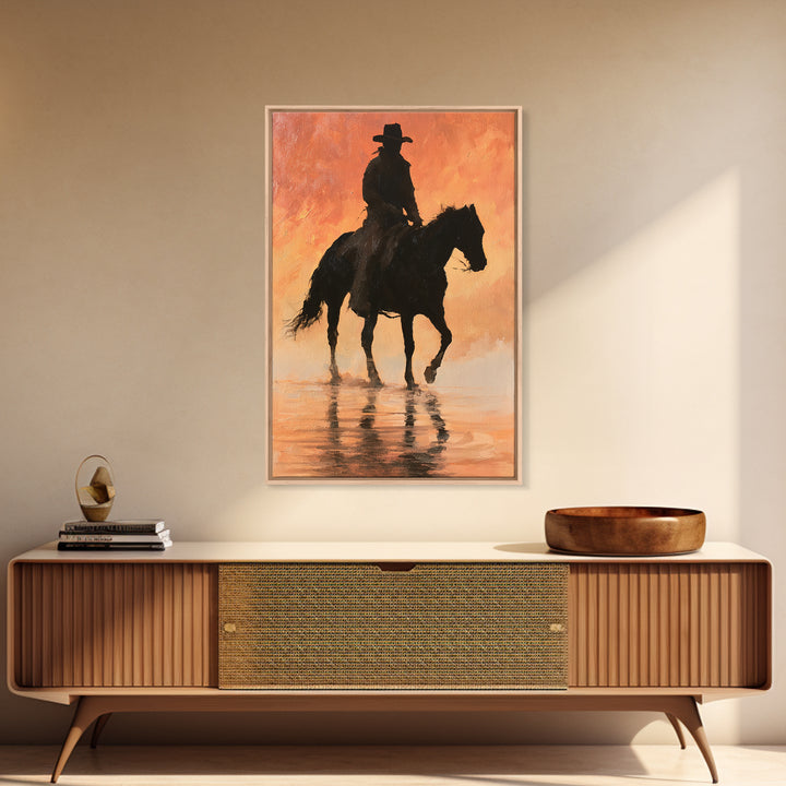 Equestrian Rider Silhouette at Sunrise Canvas Print, Equestrian Art, Antique Oil Painting, Living Room Decor, Abstract Art, EQU-2x3-11