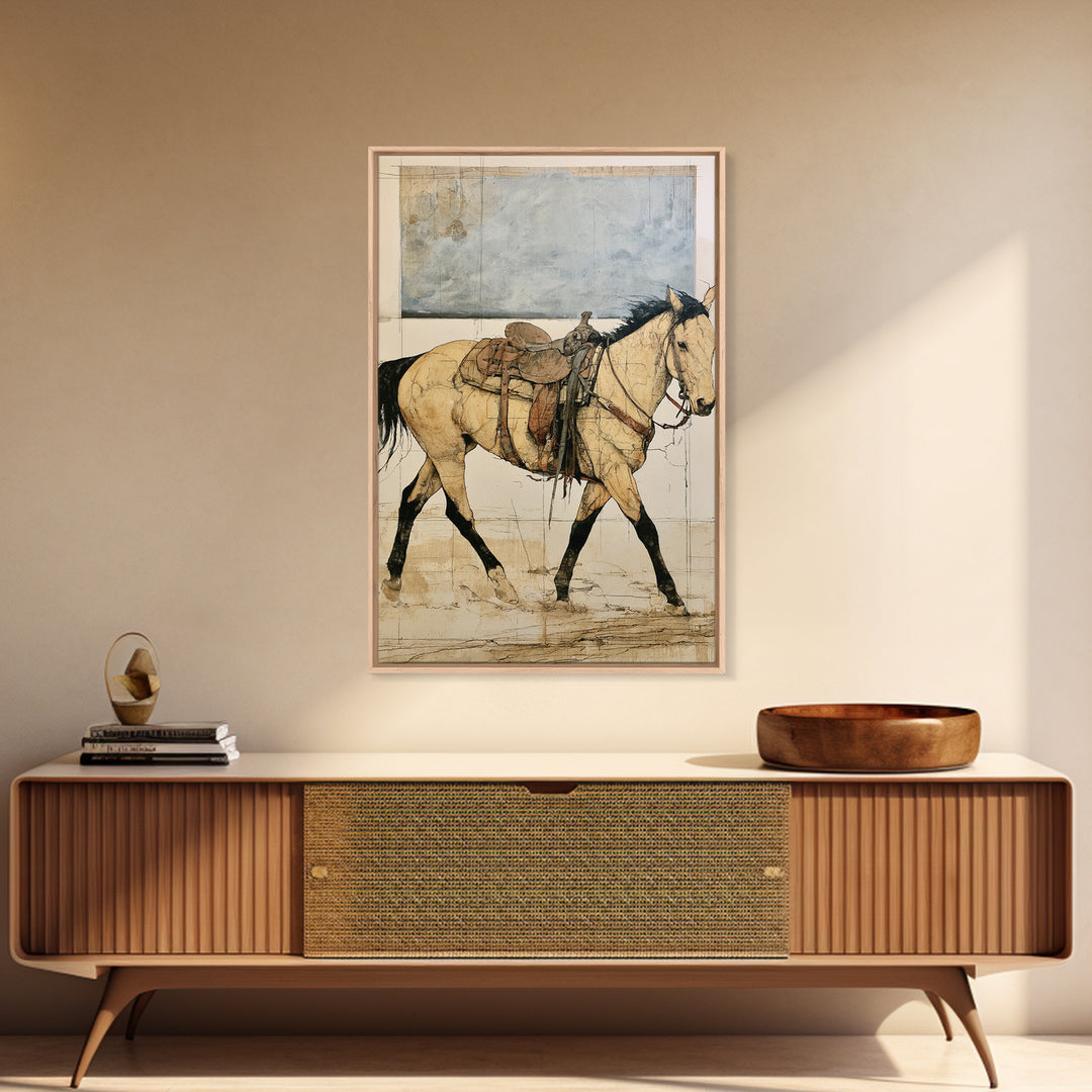 Minimal Horse Contour Drawing on Cream Paper Canvas Print, Equestrian Art, Oil Painting, Living Room Decor, Equestrian, EQU-2x3-45