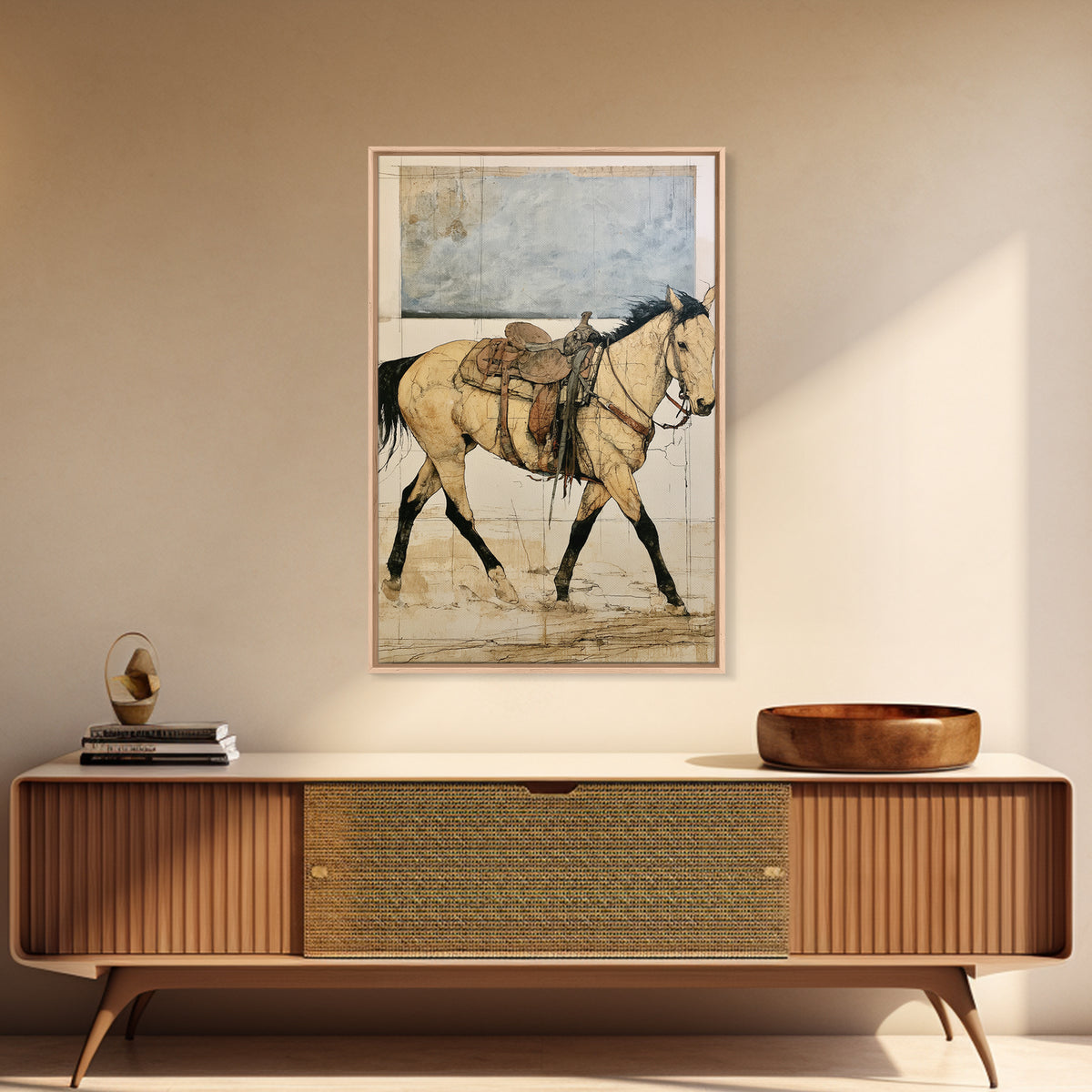 Minimal Horse Contour Drawing on Cream Paper Canvas Print, Equestrian Art, Oil Painting, Living Room Decor, Equestrian, EQU-2x3-45