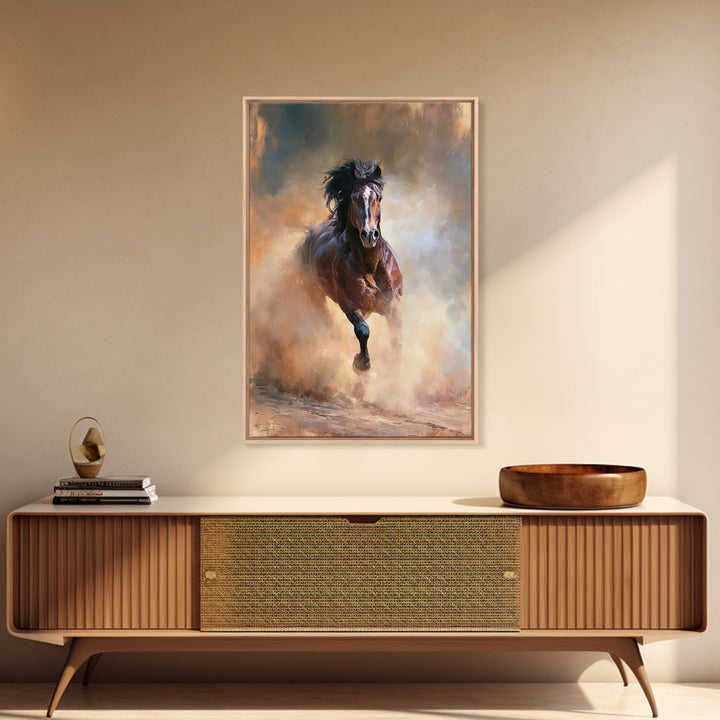Galloping Horse in Golden Dust and Sunlight Canvas Print, Equestrian Art, Boho Wall Art, Living Room Decor, Oil Painting, EQU-2x3-57