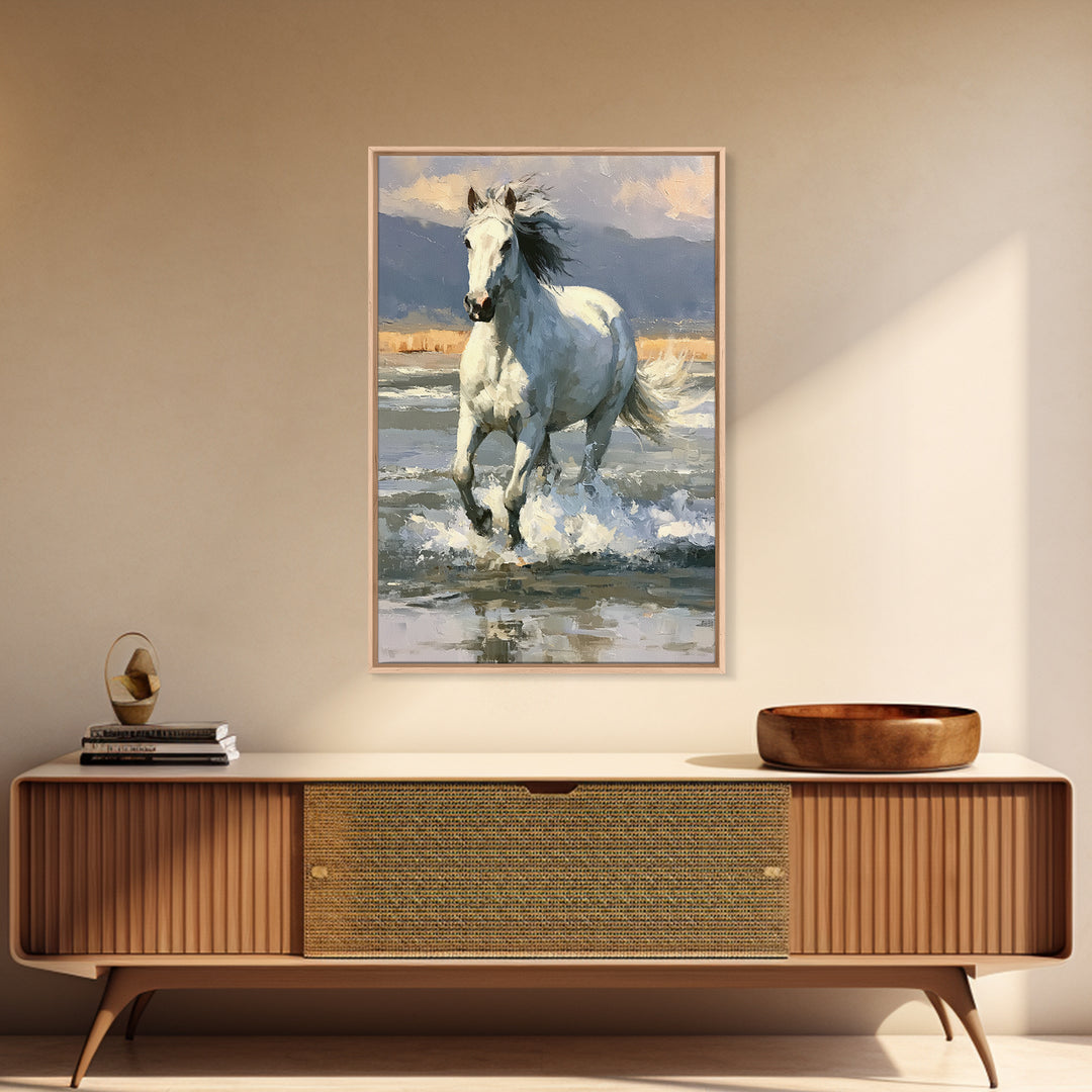 White Horse Running Through Shallow Water Canvas Print, Equestrian Art, Digital Print, Living Room Decor, Fine Art, Equestrian, EQU-2x3-61