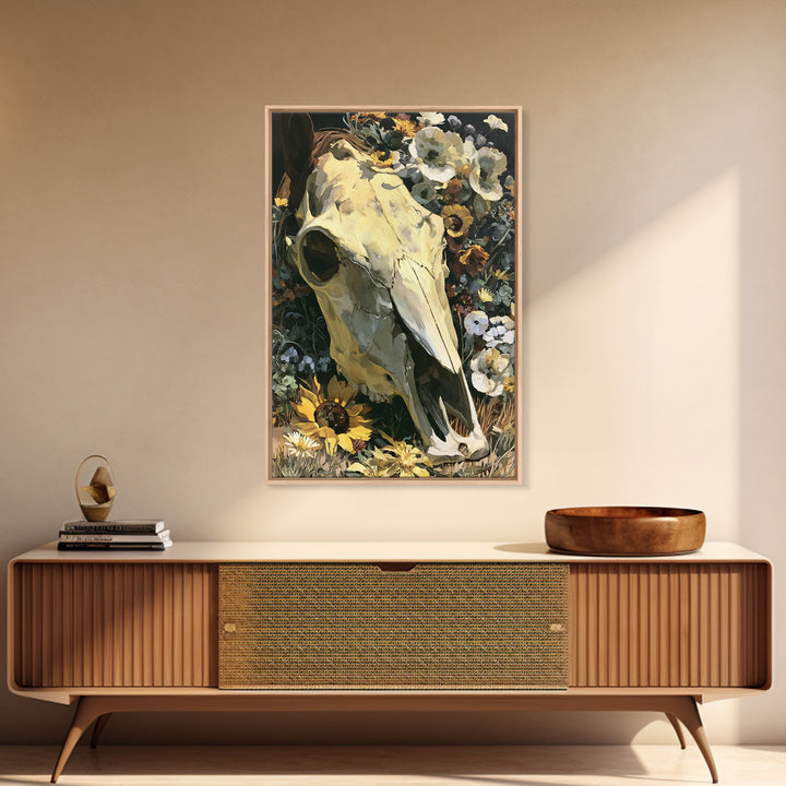 Horse Skull with Desert Flowers in Western Canvas Print, Equestrian Art, Living Room Decor, Equestrian, Farmhouse Wall Art, EQU-2x3-77