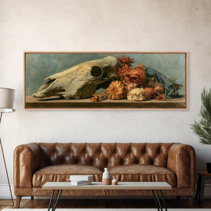 Horse Skull with Desert Flowers in Western Canvas Print, Equestrian Art, Modern Wall Art, Living Room Decor, Equestrian, EQU-3x1-37