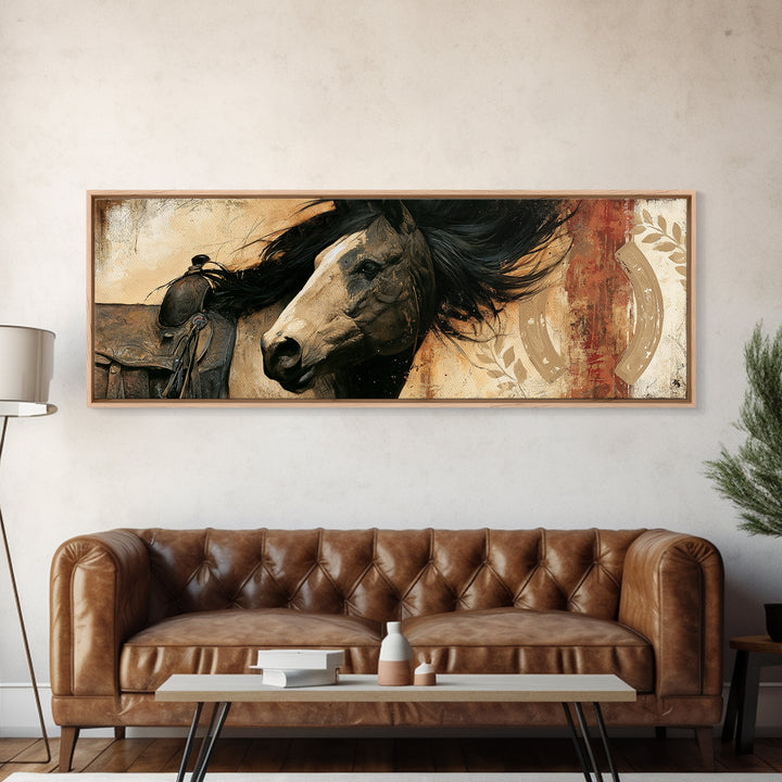 Equestrian Crest with Laurel and Horseshoe Canvas Print, Equestrian Art, Canvas Wall Art, Living Room Decor, Equestrian, EQU-3x1-38