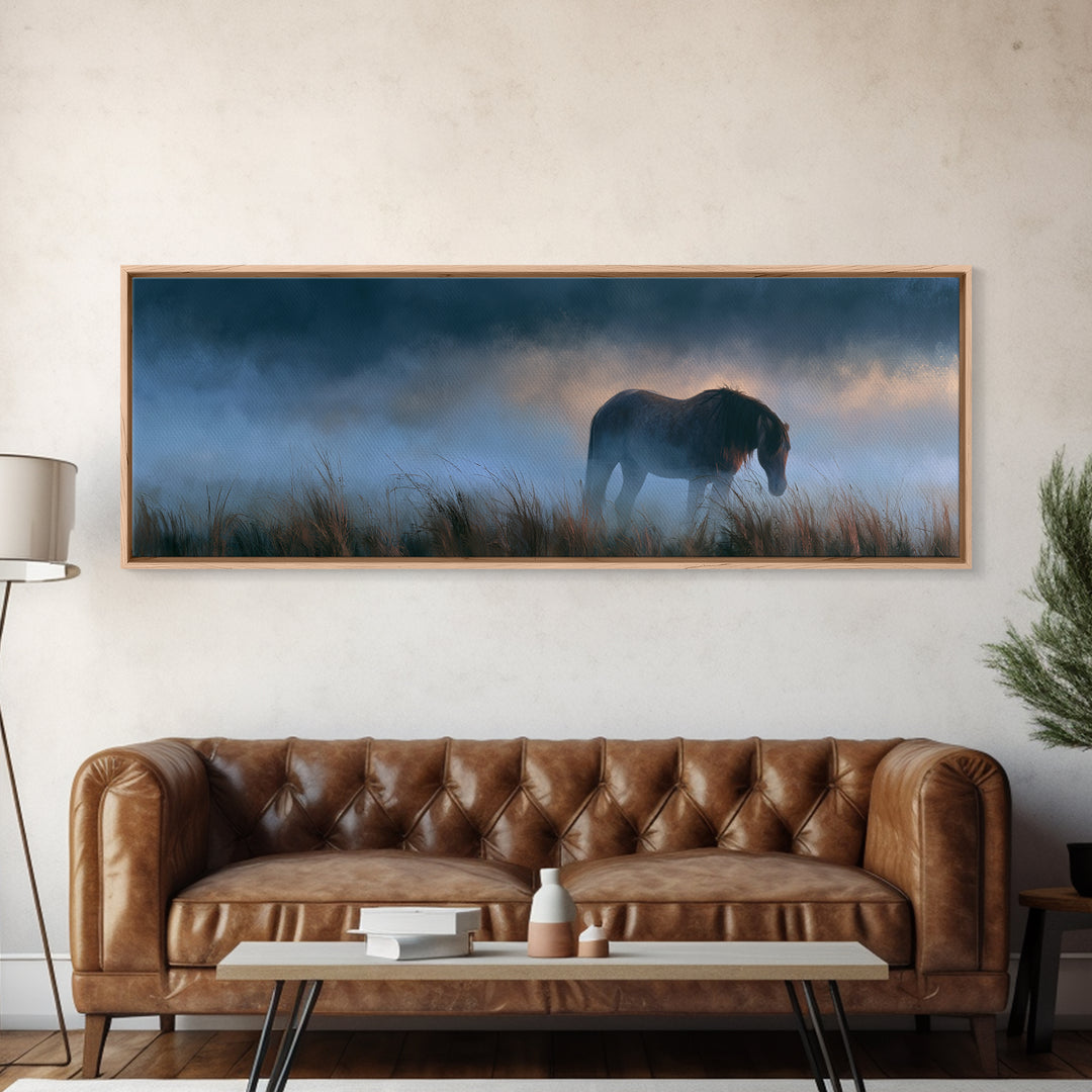 Horse in Misty Pasture with Peaceful Mood Canvas Print, Equestrian Art, Gallery Decor, Living Room Decor, Fine Art, Equestrian, EQU-3x1-40