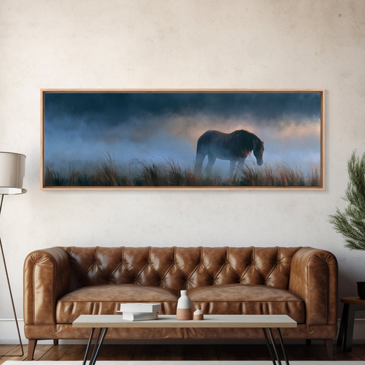 Horse in Misty Pasture with Peaceful Mood Canvas Print, Equestrian Art, Gallery Decor, Living Room Decor, Fine Art, Equestrian, EQU-3x1-40