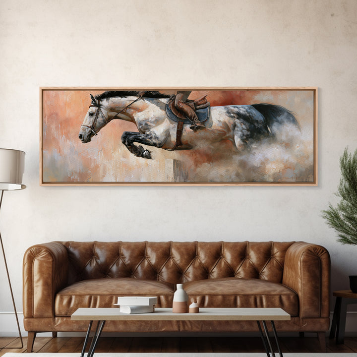 Show Jumping Horse Mid Leap Framed Canvas Print, Equestrian Art, Wall Decor, Living Room Decor, Oil Painting, Equestrian, EQU-3x1-47