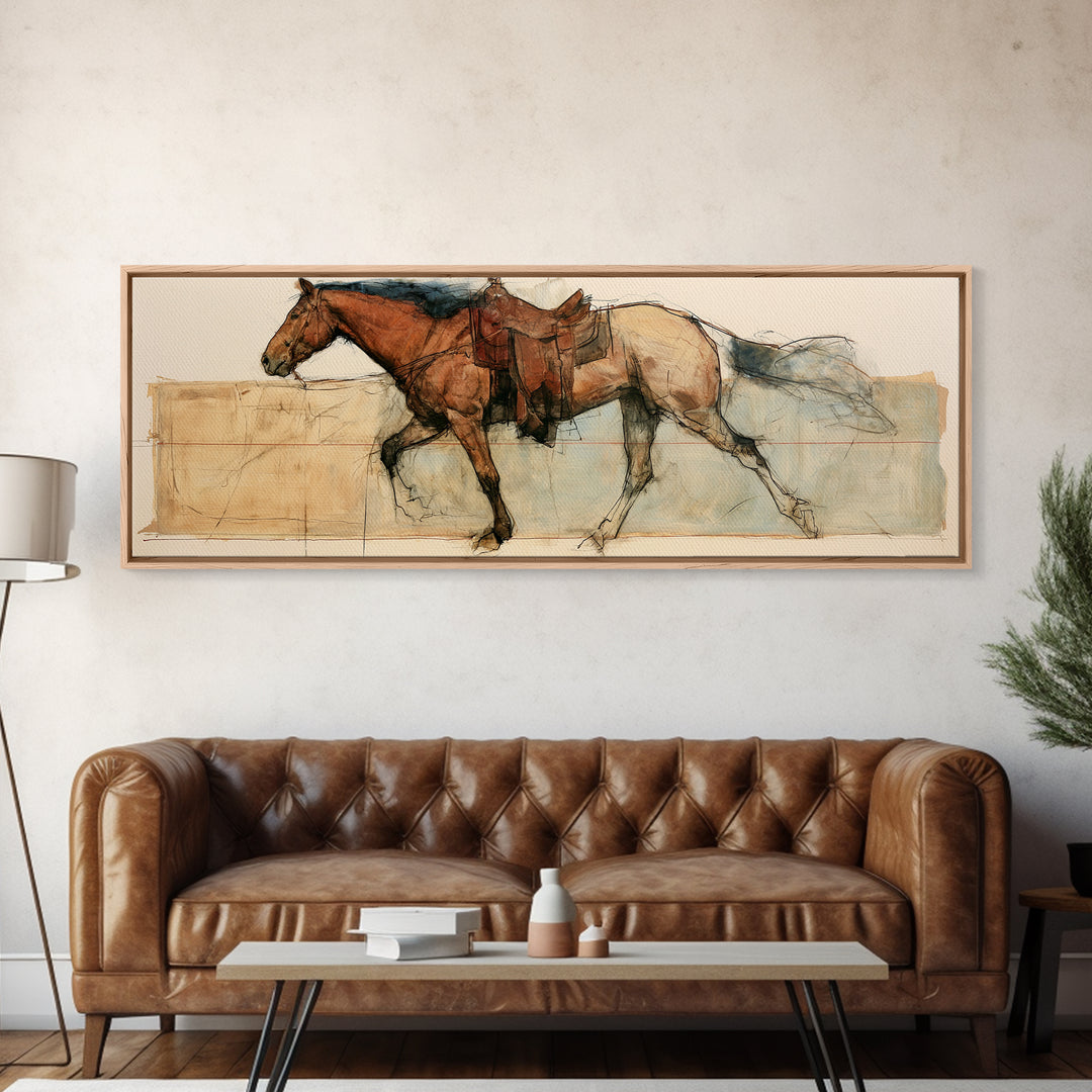 Minimal Horse Contour Drawing on Cream Paper Canvas Print, Equestrian Art, Digital Print, Living Room Decor, Equestrian, EQU-3x1-5