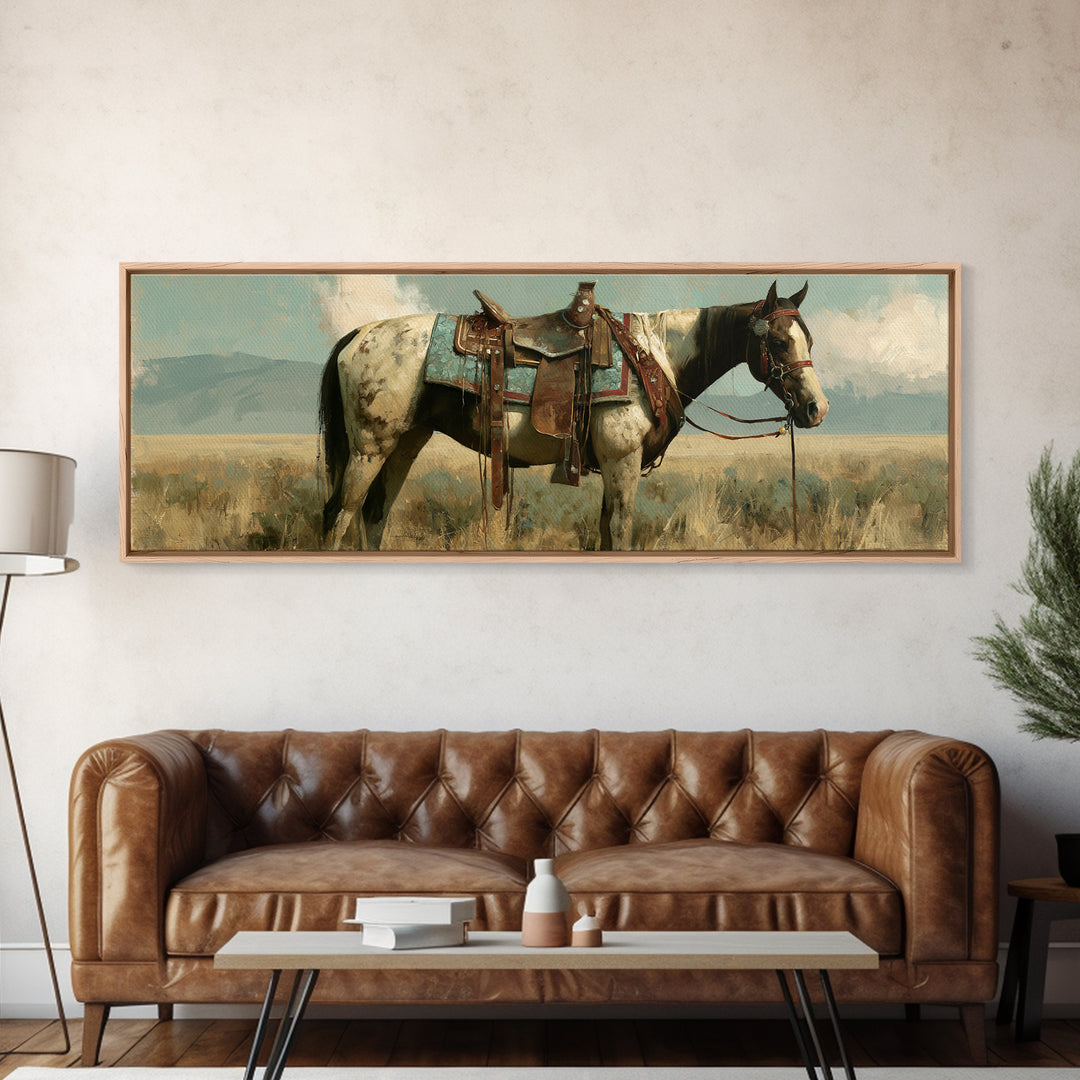 Arabian Horse with Ornate Tack and Silk Framed Canvas Print, Equestrian Art, Contemporary Art, Living Room Decor, Equestrian, EQU-3x1-55