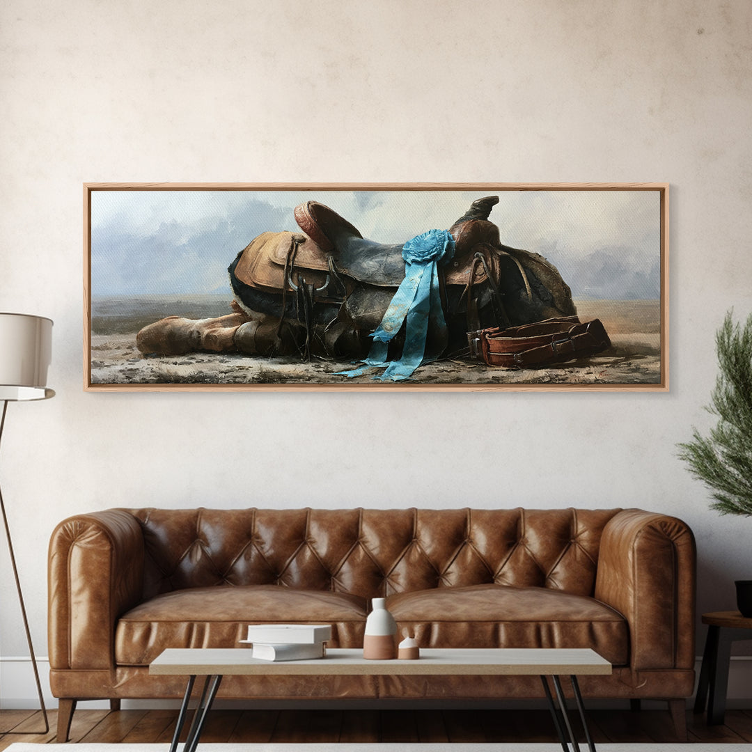 Blue Ribbon and Saddle Competition Still Life Canvas Print, Equestrian Art, Moody Wall Art, Living Room Decor, Equestrian, EQU-3x1-57