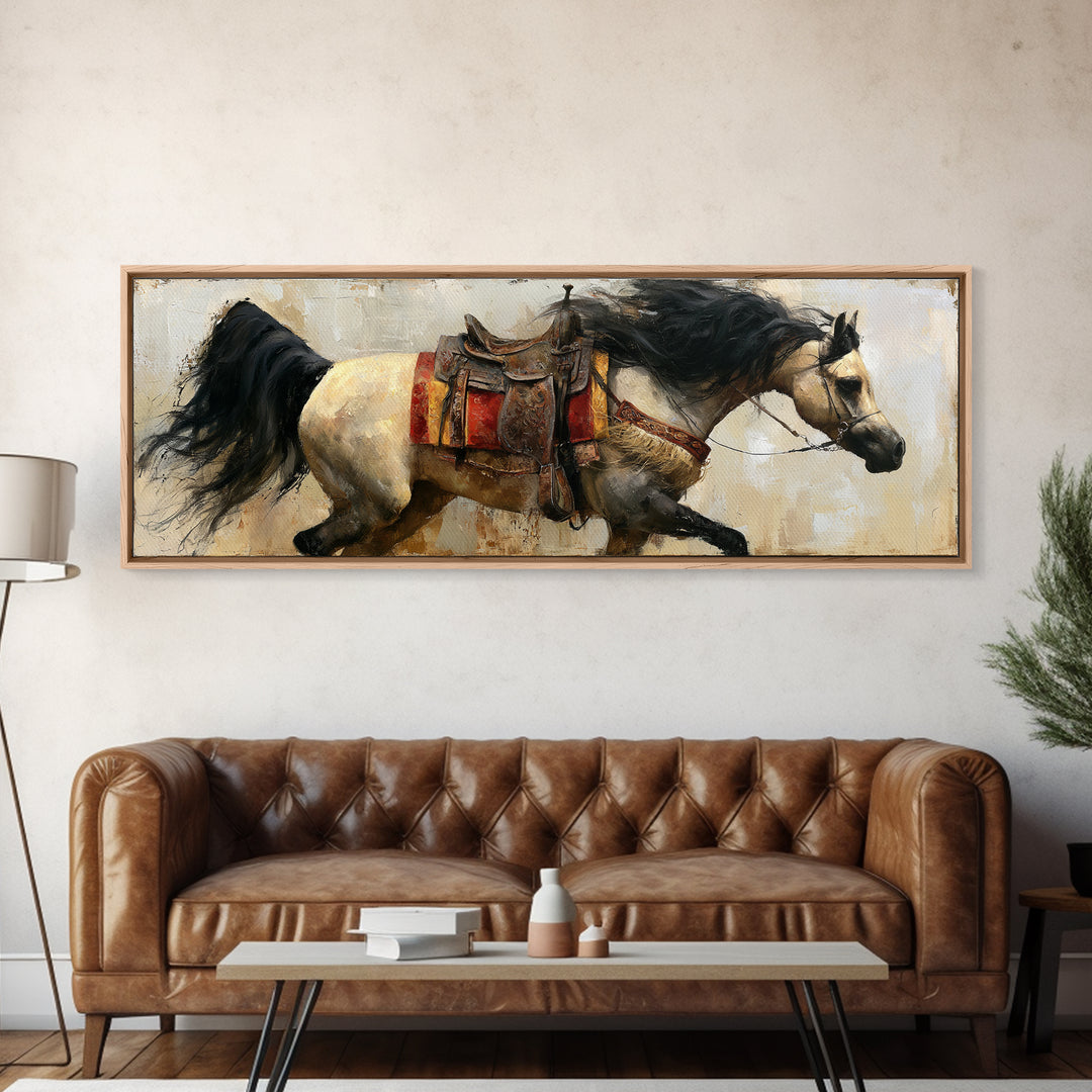 Arabian Horse with Ornate Tack and Silk Framed Canvas Print, Equestrian Art, Neutral Decor, Living Room Decor, Equestrian, EQU-3x1-7